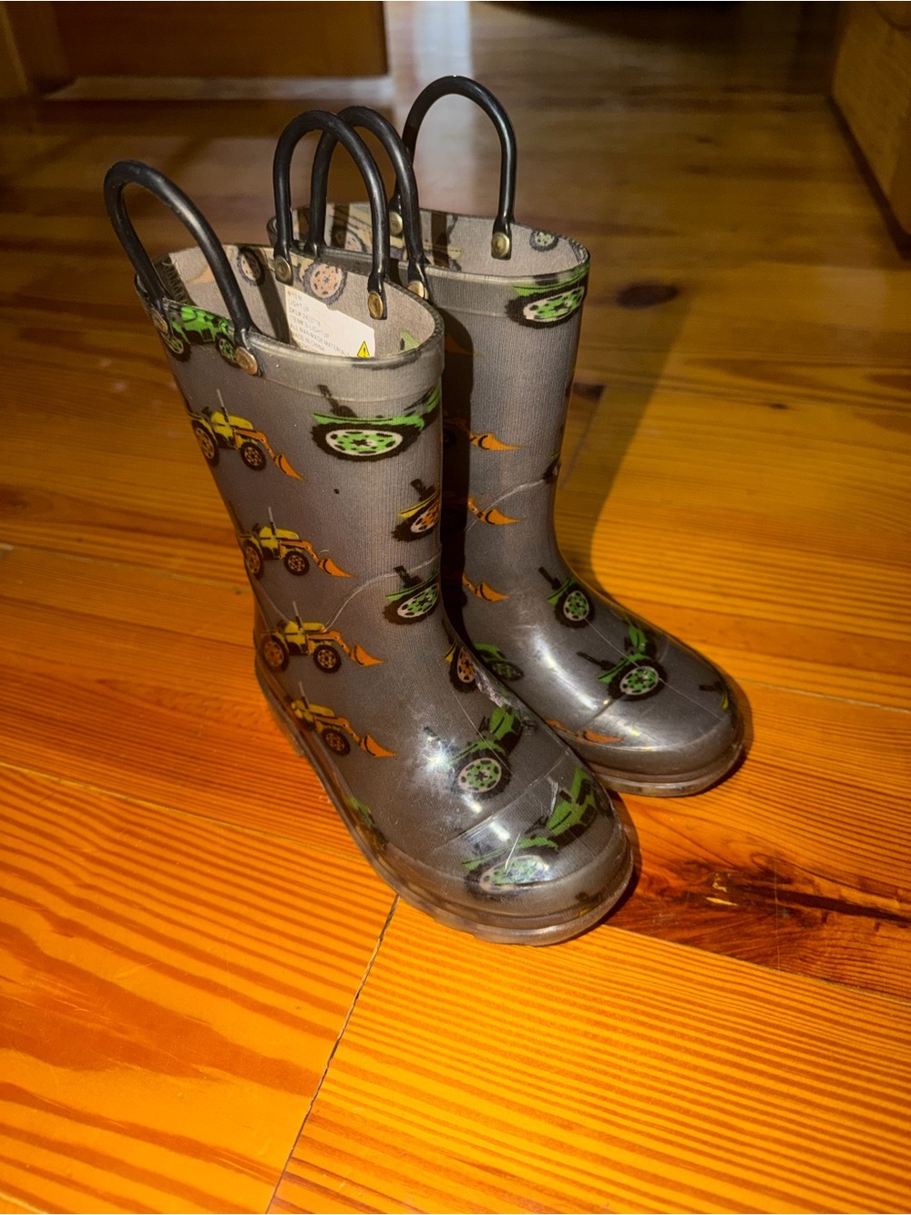 Target Gray Kids Rain Boots with Green and Yellow Tractor Print